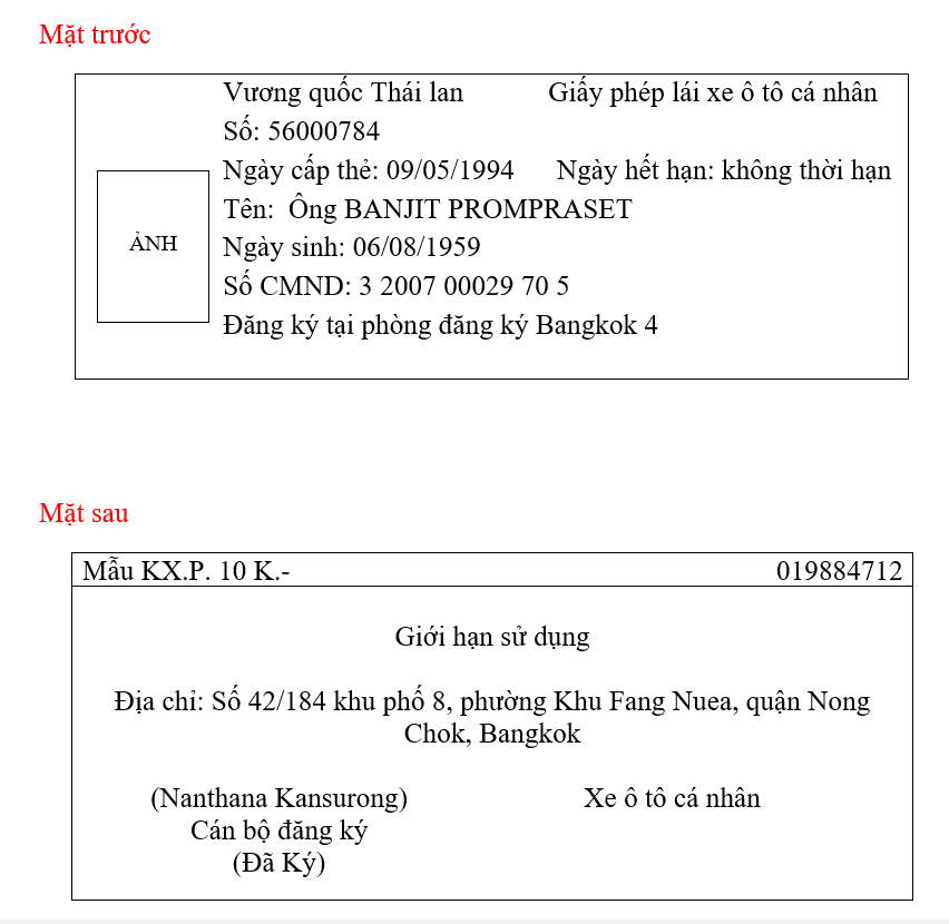 bản dịch mẫu của Bằng lái xe tiếng Thái Lan sang tiếng Việt