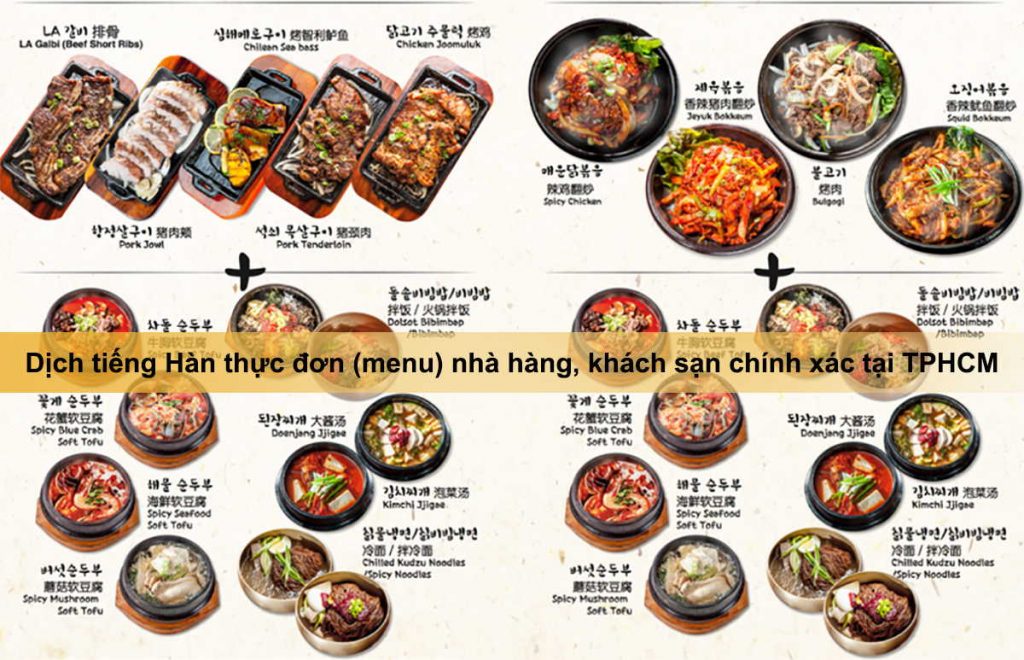 Dịch tiếng Hàn thực đơn (menu) nhà hàng, khách sạn chính xác tại TPHCM