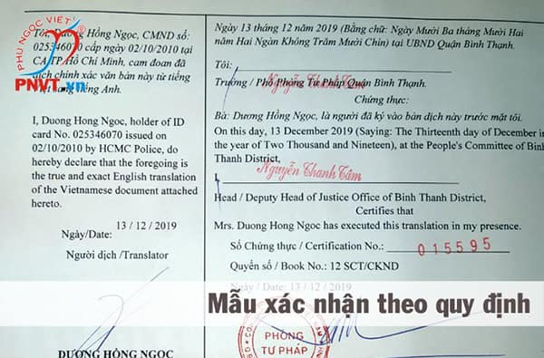Mẫu chứng thực bản dịch theo quy định pháp luật Việt Nam