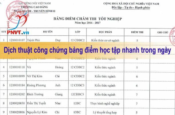 dịch bảng điểm và công chứng