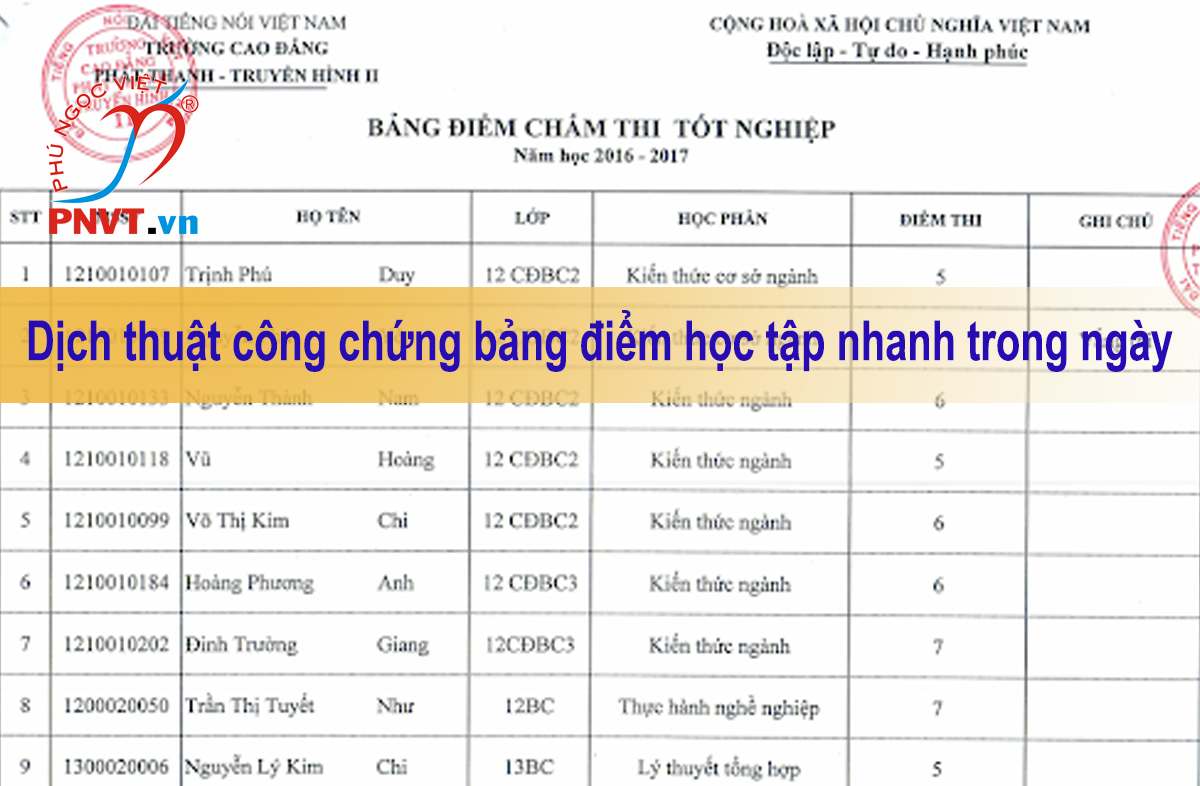 dịch bảng điểm và công chứng